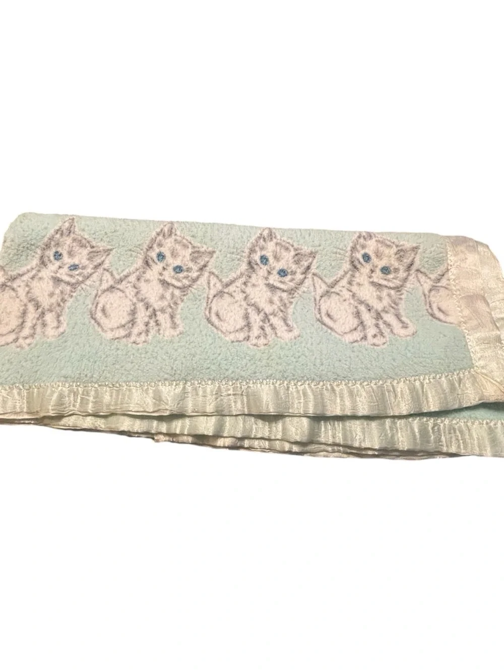 Vintage Green Baby Blanket Gray White Kitten Cats Blue Eyes Satin Trim Nursery